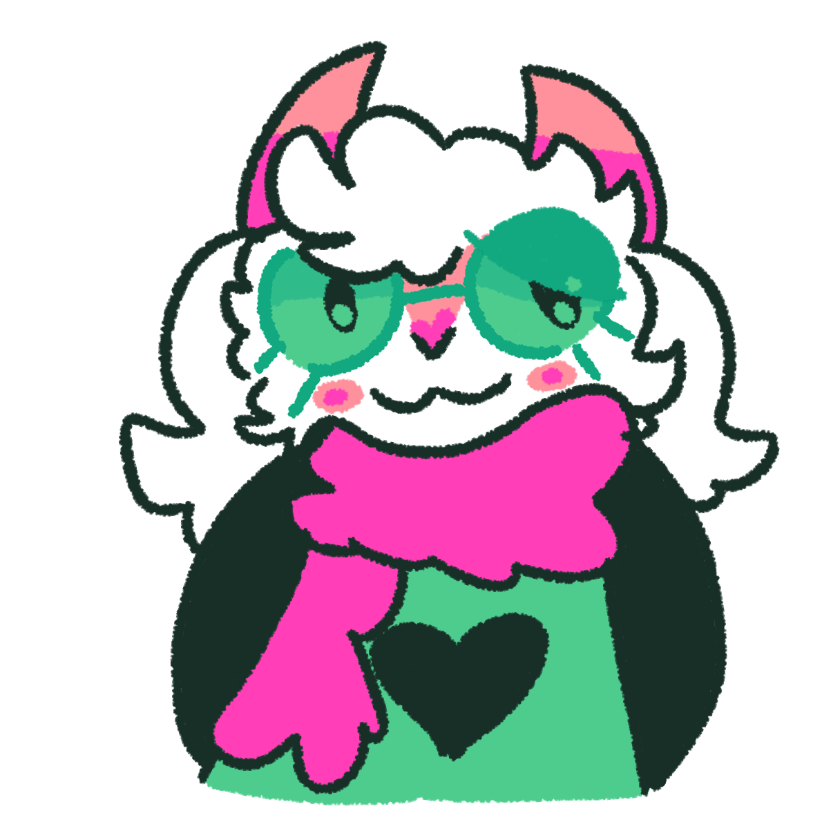 a white anthropomorphic goat-like creature with light pink horns. He has a green shirt with long black sleeves and a black heart in the middle, a bright pink scarf, and is wearing green glasses.